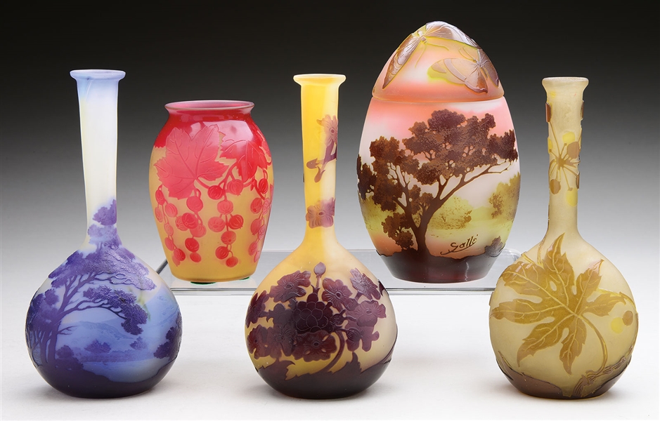 FIVE GALLE CAMEO GLASS VASES.                                                                                                                                                                           