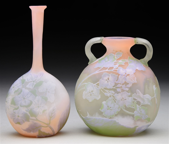 TWO FOUR COLOR GALLE CAMEO GLASS VASES.                                                                                                                                                                 