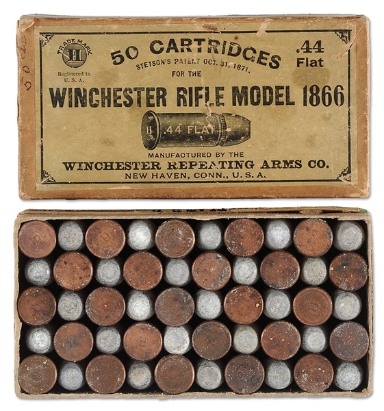 RARE AND FINE FULL BOX OF WINCHESTER 44 CAL RIM FIRE CARTRIDGES FOR MODEL 1866 WINCHESTER RIFLE.                                                                                                        
