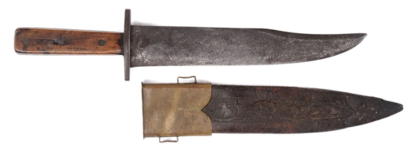 FINE CONFEDERATE SIDE KNIFE WITH TOOLED SCABBARD.                                                                                                                                                       
