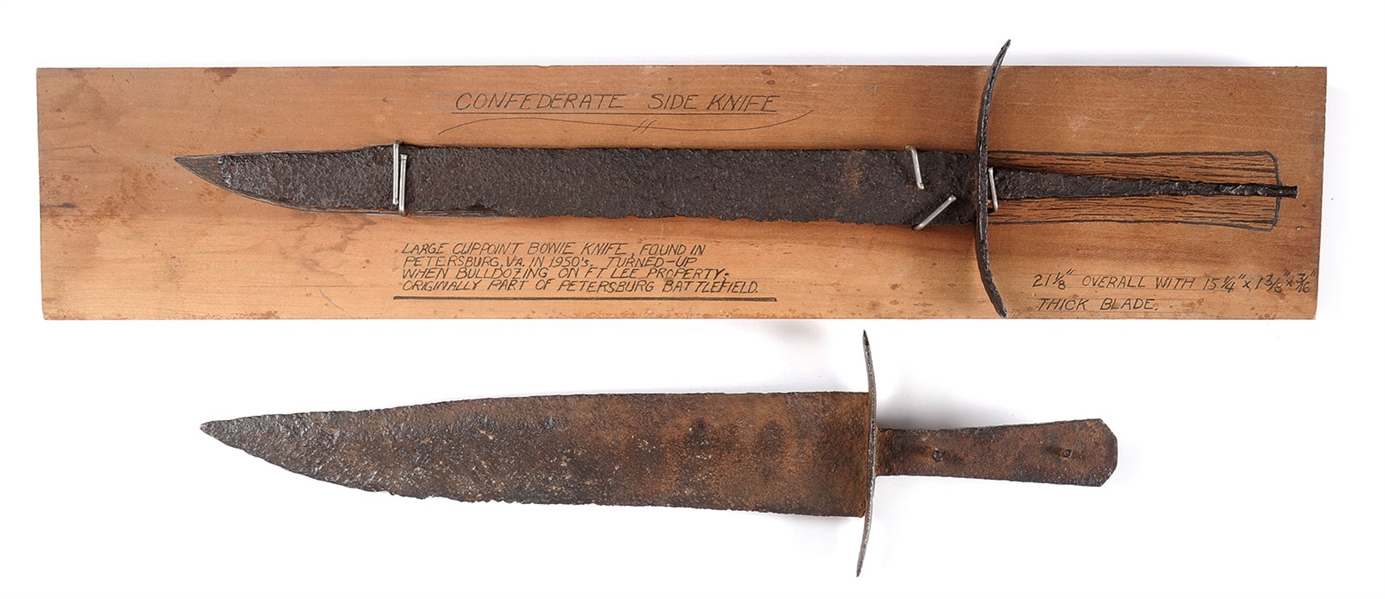 TWO MASSIVE CONFEDERATE BOWIE KNIFE BATTLEFIELD RELICS.                                                                                                                                                 