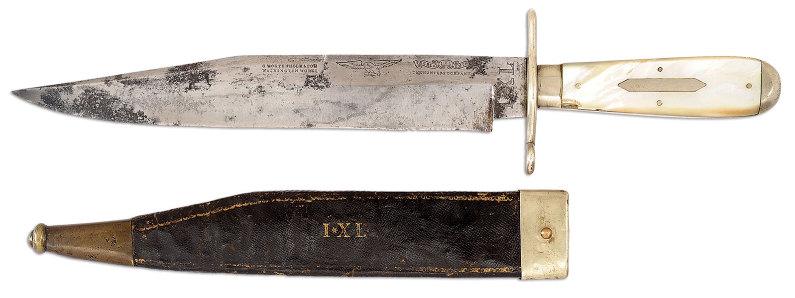 MASSIVE AND RARE CIVIL WAR ERA IXL BOWIE WITH MOTHER OF PEARL GRIP AND ORIGINAL SCABBARD.                                                                                                               