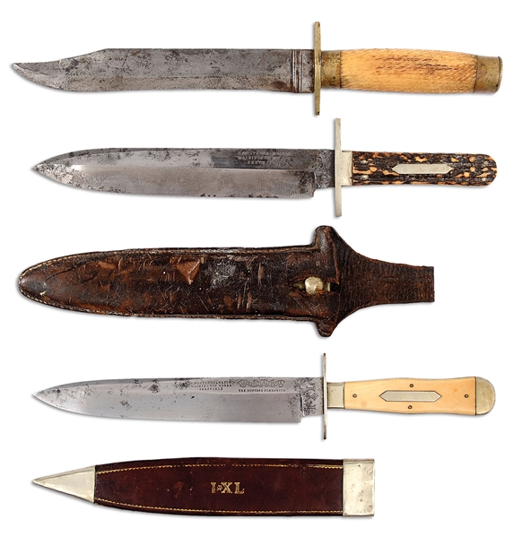 IVORY - THREE FINE ANTEBELLUM BOWIE KNIVES INCLUDING TWO FINE IXL BOWIES WITH ORIGINAL SCABBARDS.                                                                                                      