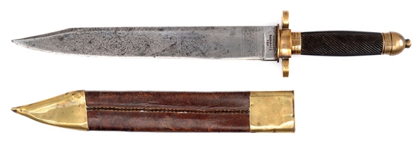 LARGE EARLY AMERICAN MARKET BOWIE KNIFE WITH PATRIOTIC ETCHED BLADE.                                                                                                                                    