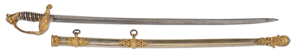 HIGH GRADE PRESENTATION QUALITY CIVIL WAR STAFF OFFICERS SWORD WITH SILVER GRIP AND RAISED RELIEF PATRIOTIC MOUNTINGS.                                                                                 