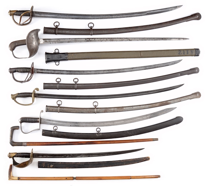 GROUP OF SEVEN AMERICAN SWORDS. THIS GROUPING HAS 5 FINE EXAMPLES OF AMERICAN CAVALRY SABERS, DATING FROM 1820 THROUGH WWI AND CIVIL WAR NAVAL CUTLASS. 1) 1821 DATED NATHAN STARR SABER IN FINE ORIGINA