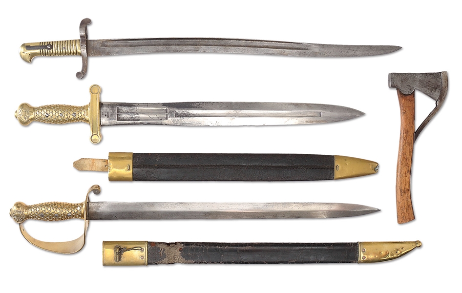 GROUP OF 4 EDGED WEAPONS, INCLUDING RARE AMES MODEL 1841 NAVAL CUTLASS.                                                                                                                                 