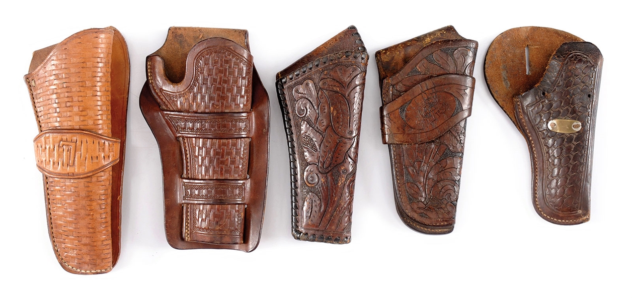 GROUP OF FIVE HOLSTERS. 1) SINGLE LOOP FULLY TOOLED HOLSTER FOR A 4-3/4" COLT SA STAMPED WITH "L.A. SESSUMS MAKER, LONGVIEW.TEXAS". HOLSTER IS FULLY TOOLED TWO-TONED WITH RUSSET COLOR FLORAL WORK AND 