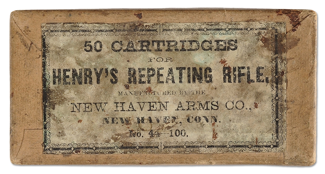 EXTREMELY RARE ORIGINAL CIVIL WAR "GREEN LABEL" HENRY RIFLE CARTRIDGE BOX COMPLETE WITH 50 ORIGINAL CARTRIDGES.                                                                                         