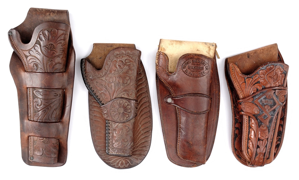 GROUPING OF FOUR COWBOY ERA WESTERN COLT SAA HOLSTERS.                                                                                                                                                  