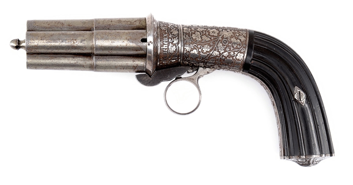 EXTREMELY RARE AND UNIQUE CASIMIR LEFAUCHEUX ELABORATELY ENGRAVED DOUBLE ACTION PINFIRE 4-BARREL PEPPERBOX DISPLAYED AT THE 1851 LONDON EXPOSITION.                                                     