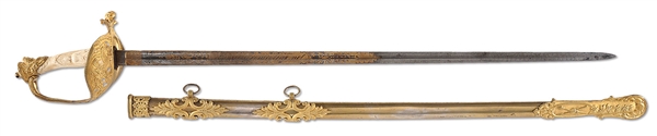 IVORY - HIGH GRADE CARVED IVORY STATUARY GRIP CIVIL WAR STAFF OFFICERS SWORD WITH DAMASCUS BLADE.                                                                                                       