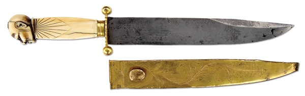 RARE LARGE SHEFFIELD BOWIE KNIFE WITH CARVED IVORY HANDLE ORNAMENTED WITH BUST OF BLACK MAN.                                                                                                            