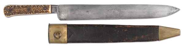 MASSIVE EARLY AMERICAN GUARDLESS BOWIE KNIFE, CIRCA 1825.                                                                                                                                               
