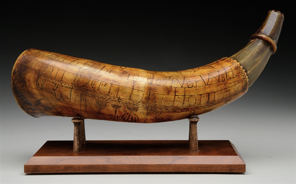 FINE 1758 DATED FRENCH AND INDIAN WAR POWDER HORN OF JOHN DEEN.                                                                                                                                         