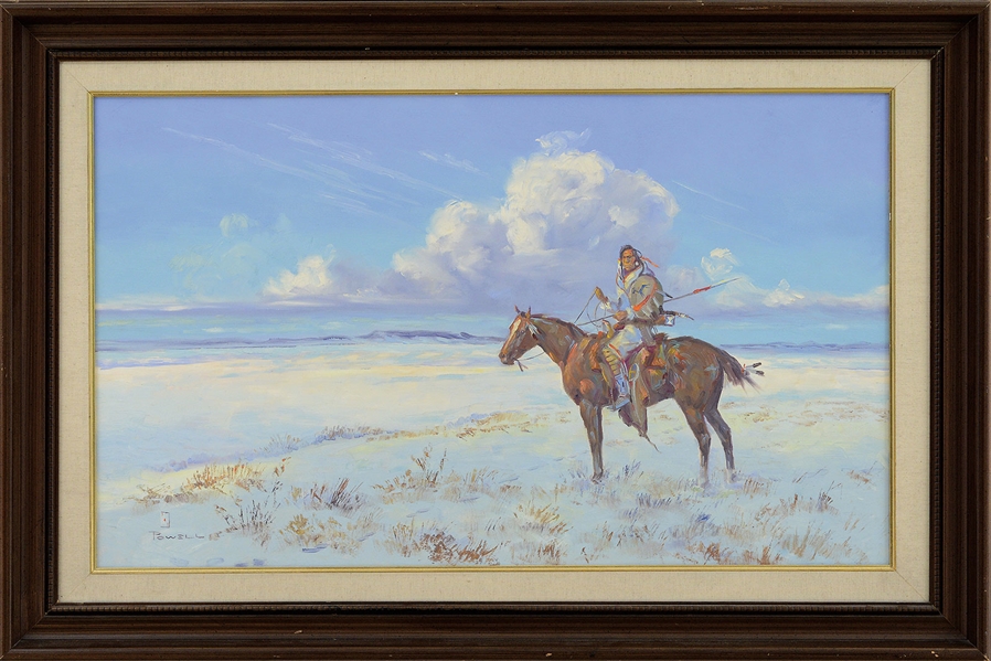 LARGE PAINTING OF A NATIVE AMERICAN ON HORSEBACK IN PANORAMIC LANDSCAPE BY ACE POWELL.                                                                                                                  