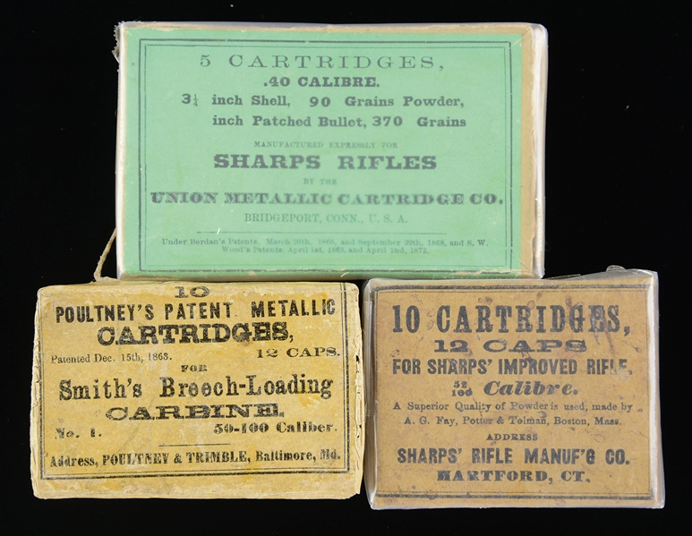 LOT OF THREE BOXES OF ANTIQUE CARTRIDGES INCLUDING SHARPS AND SMITHS CARBINE.                                                                                                                          