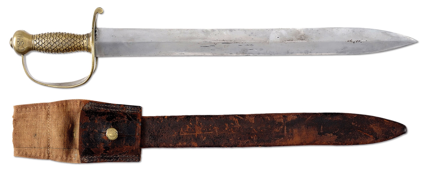 FINE & RARE CONFEDERATE “CATHERINE’S FURNACE” NAVAL CUTLASS IN ORIGINAL SCABBARD WITH EXTREMELY RARE ORIGINAL CANVAS FROG.                                                                              