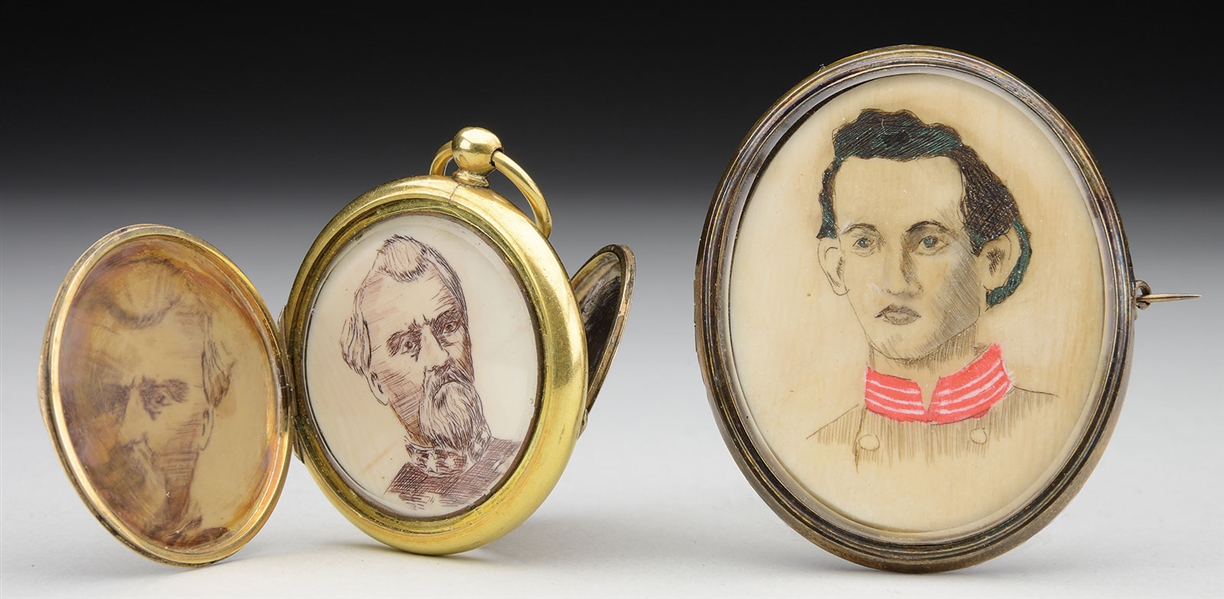 ESA - PAIR OF UNIQUE GOLD LOCKETS WITH SCRIMSHAWED IVORY IMAGES OF CAPTAIN JOHN MORTON AND GENERAL N.B. FORREST FROM MORTON ESTATE.                                                                     