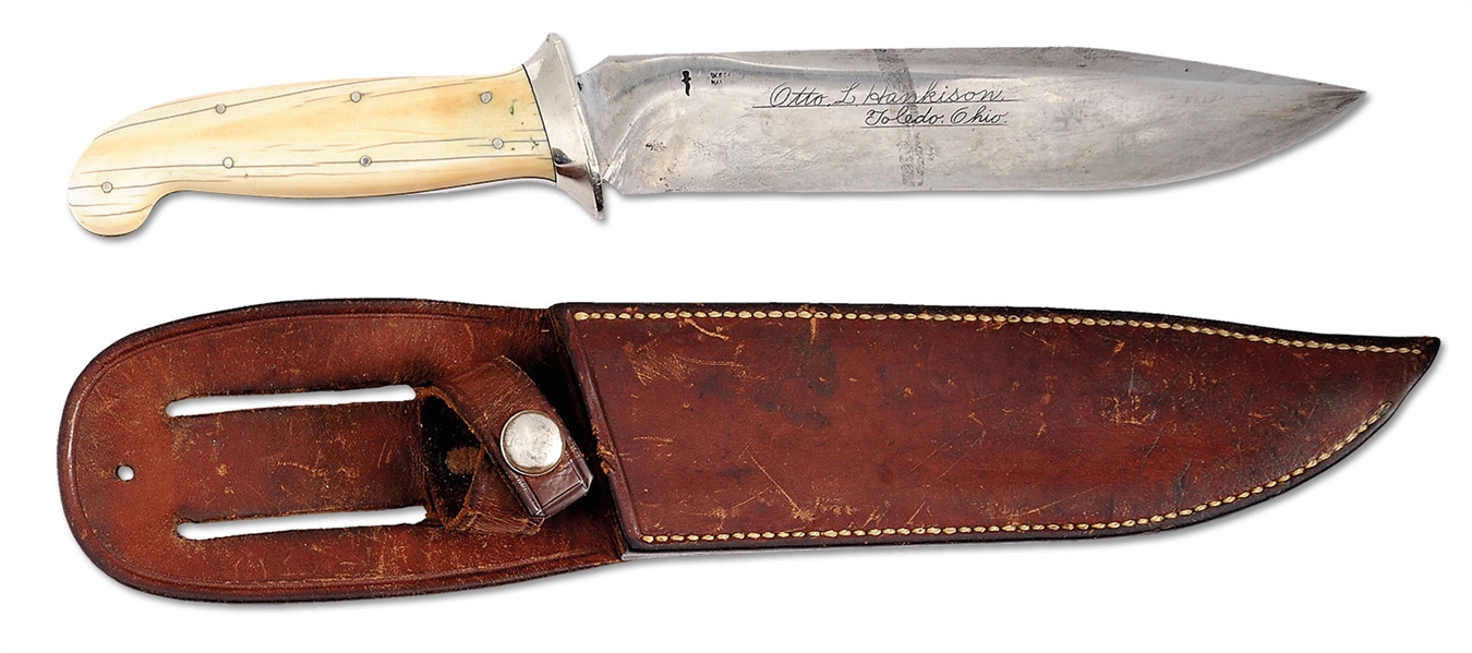 ESA - EXTREMELY RARE INSCRIBED SCAGEL UTILITY KNIFE WITH ULTRA-RARE IVORY SCALES AND ORIGINAL SHEATH.                                                                                                   
