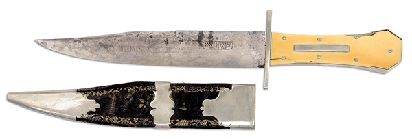 ESA - FINE AND RARE CIRCA 1835 "ARKANSAS TOOTHPICK" IVORY COFFIN HILT SHEFFIELD BOWIE KNIFE.                                                                                                            