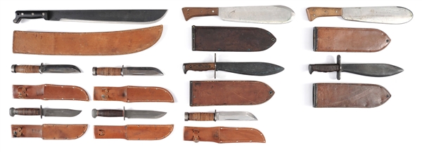FINE GROUP OF TEN AMERICAN WWII FIGHTING KNIVES AND BOLOS.                                                                                                                                              