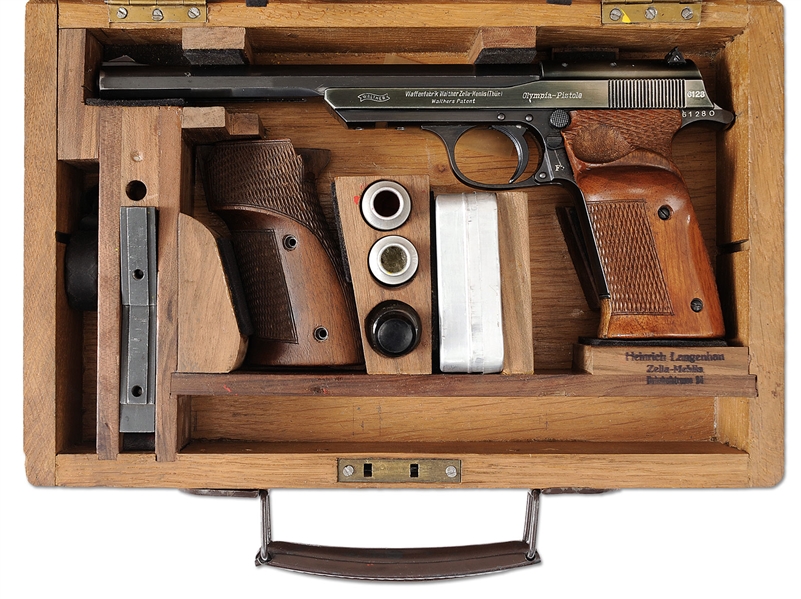 WALTHER, 1936 OLYMPIA, 61280, 22S, MODERN; C&R, WOODEN CASE, SPARE GRIPS, TWO WEIGHTS, THREE VIALS, SCREWDRIVER, CLEANING ROD, ALUMINUM BOX WITH CONTENTS                                               