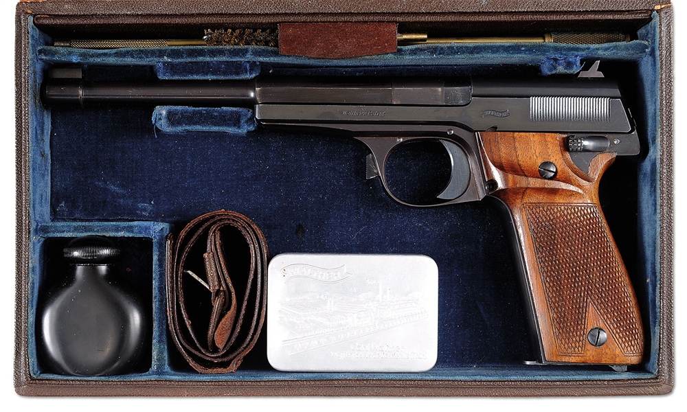 WALTHER, 1932 OLYMPIA, 4341, 22LR, MODERN; C&R, HINGED BOX, OIL BOTTLE, STRAP, ALUMINUM BOX WITH CONTENTS, 3-PC CLEANING KIT                                                                            
