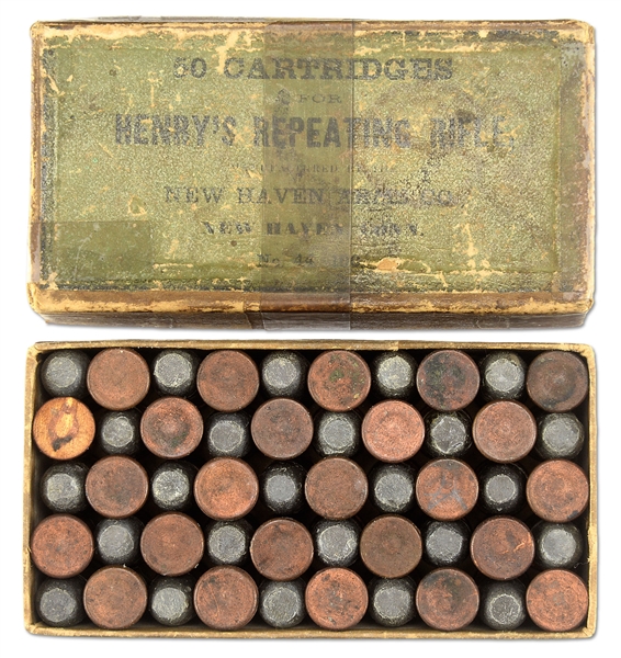 VERY RARE 50 ROUND BOX OF NEW HAVEN ARMS CO. 44 CALIBER RIMFIRE AMMUNITION FOR HENRY RIFLES.                                                                                                            