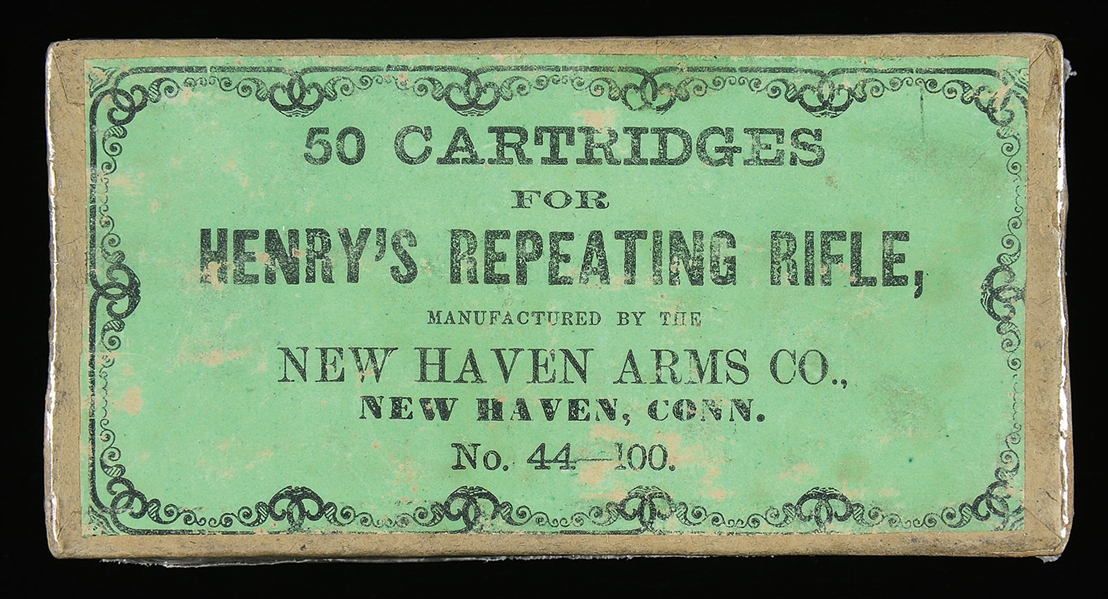 EXTREMELY RARE FULL BOX OF NEW HAVEN ARMS "MILITARY" 44 RIMFIRE HENRY CARTRIDGES.                                                                                                                       