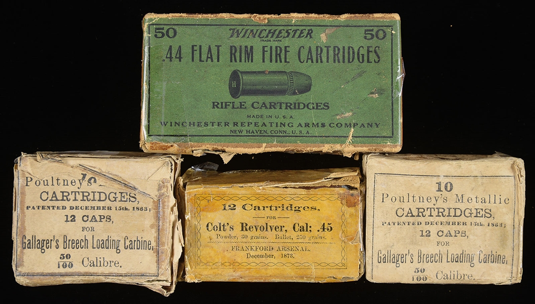 FOUR BOXES OF COLLECTOR AMMUNITION, WINCHESTER 44 HENRY FLAT, 50 CALIBER GALLAGERS CARBINE CARTRIDGES, AND BOX OF 1873 DATED COLT 45 AMMUNITION.                                                        
