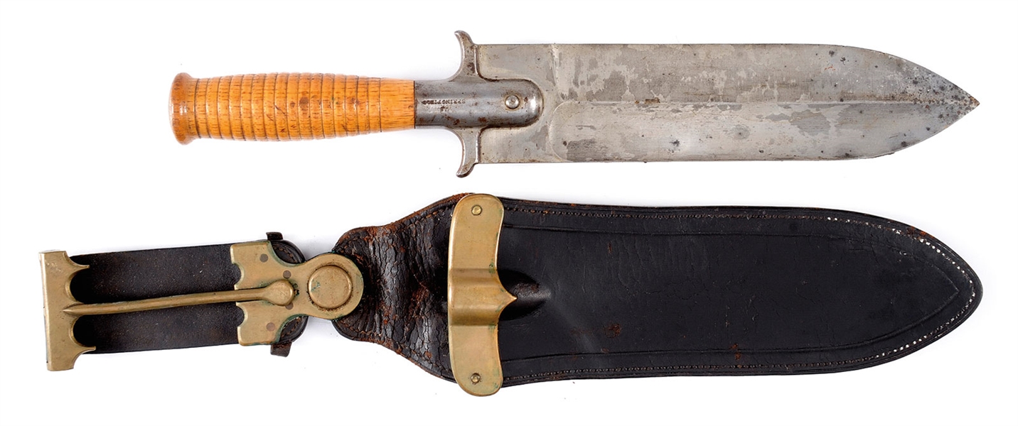 EXTREMELY FINE 1ST ISSUE IRON MOUNTED MODEL 1880 US ARMY HUNTING KNIFE WITH ORIGINAL SCABBARD.                                                                                                          