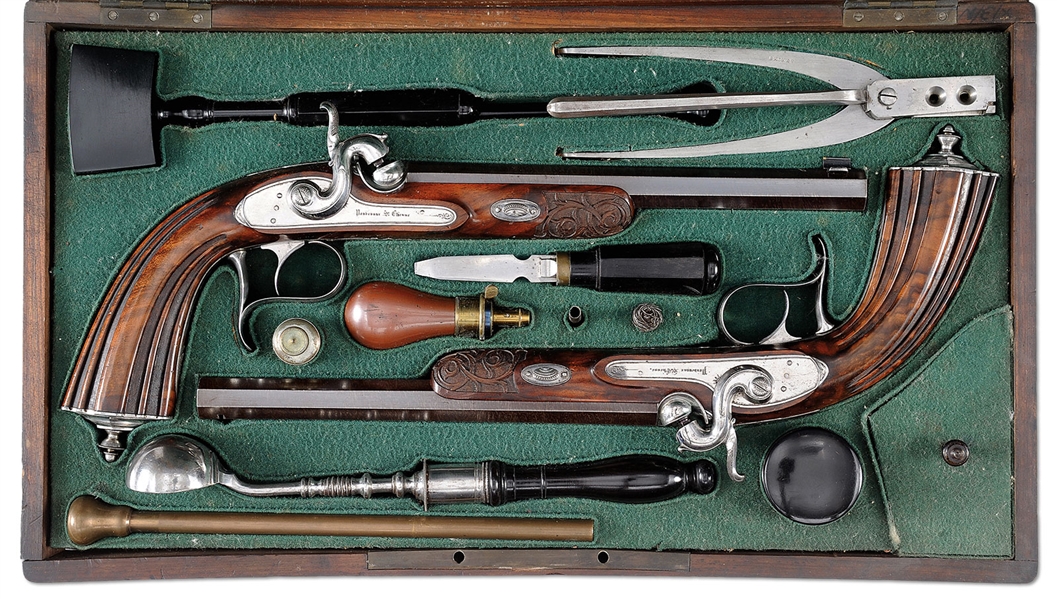 BONDENOX ST. ETIENNE, PERCUSSION PISTOLS, NSN, 50, CASED PAIR OF FRENCH PERCUSSION PISTOLS W/10 ACCESS                                                                                                  
