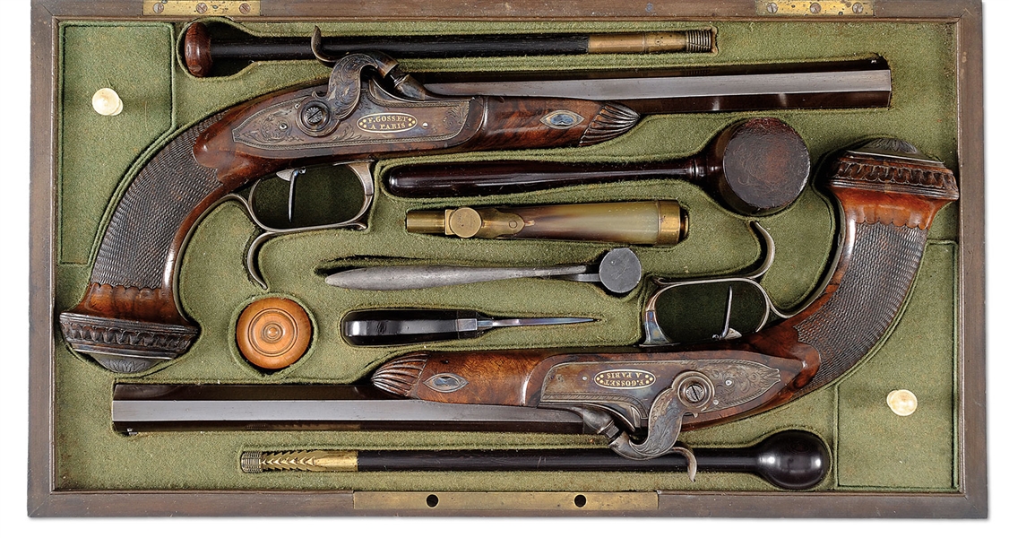 F. GOSSET A. PARIS, PERCUSSION PISTOLS, NSN, 52, CASED PAIR OF FRENCH PISTOLS, W/7 ACCESS                                                                                                               