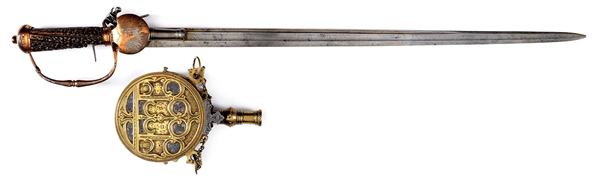 18TH CENTURY COMBINATION FLINTLOCK SWORD/PISTOL ALONG WITH EARLY BRASS AND SILVER POWDER FLASK.                                                                                                         