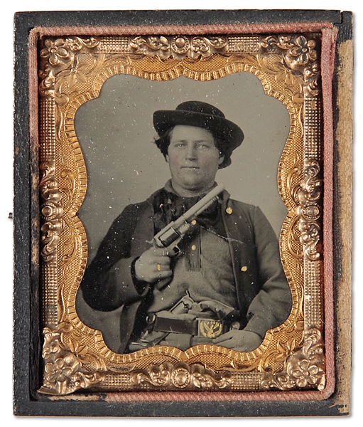 EXTREMELY FINE 9TH PLATE AMBROTYPE OF CAVALRYMAN WITH UNKNOWN SOLID FRAME ROUND BARREL ARMY SIZED PERCUSSION REVOLVER.                                                                                  