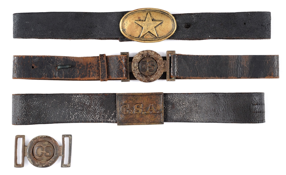 GROUP OF 4 CONFEDERATE ERA BELT BUCKLES AND BELTS.                                                                                                                                                      
