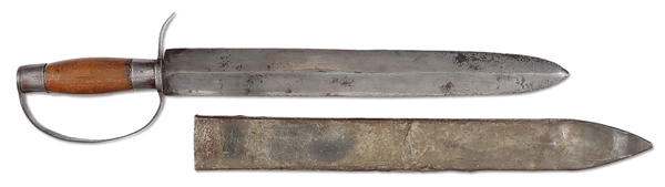 FINE LARGE CONFEDERATE D-GUARD BOWIE WITH TIN SCABBARD.                                                                                                                                                 