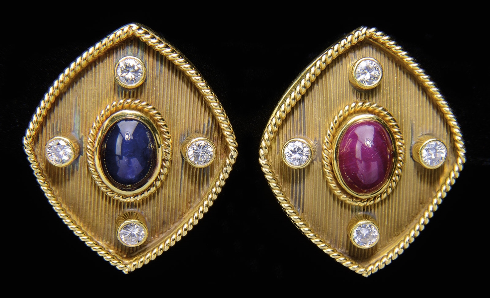 PAIR OF 18KT GOLD & GEMSET EARRINGS.                                                                                                                                                                    