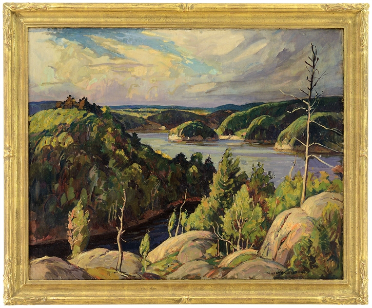 WILLIAM LESTER STEVENS (AMERICAN, 1888-1969) PANORAMIC NEW ENGLAND VIEW WITH LAKE                                                                                                                       