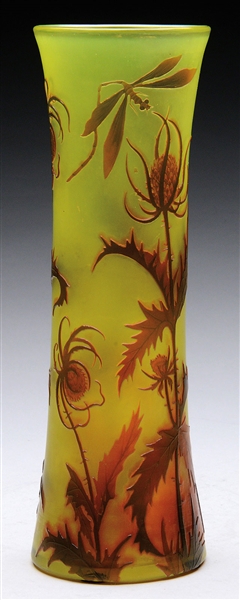 DAUM THISTLE AND DRAGONFLY CAMEO VASE.                                                                                                                                                                  