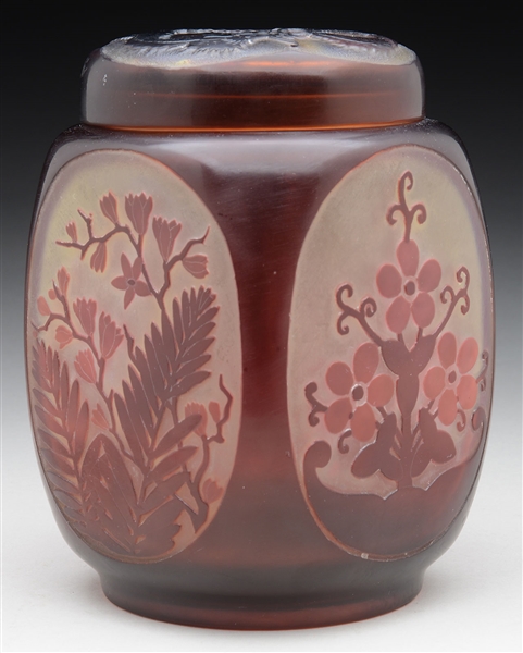 GALLE CAMEO GLASS DRAGON & FLORAL COVERED JAR.                                                                                                                                                          