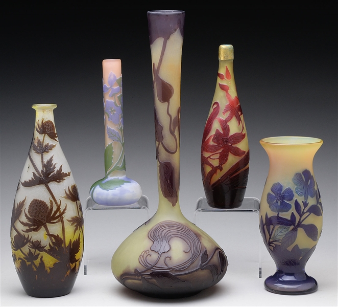 FIVE GALLE CAMEO VASES.                                                                                                                                                                                 
