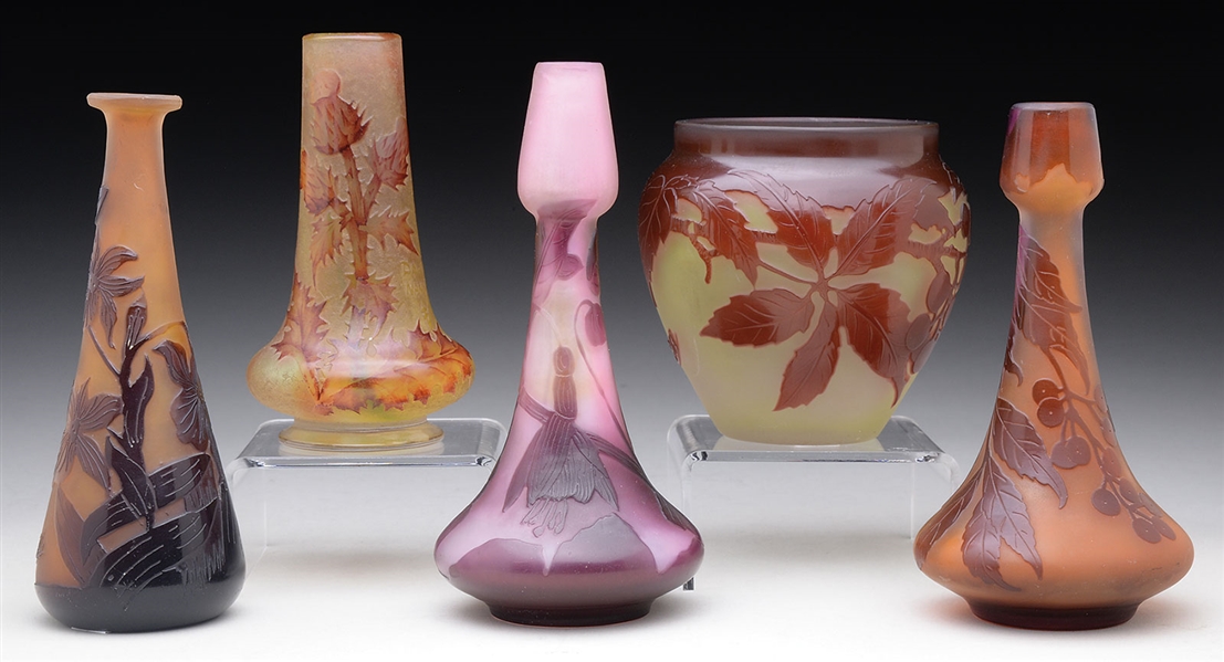 FIVE CAMEO GLASS VASES.                                                                                                                                                                                 