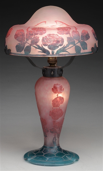 LE VERRE FRANCAIS ROSE CAMEO GLASS TABLE LAMP.                                                                                                                                                          