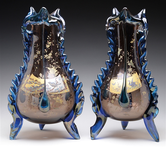 PAIR OF MONUMENTAL AUGUST JEAN ENAMELED AND APPLIED VASES.                                                                                                                                              