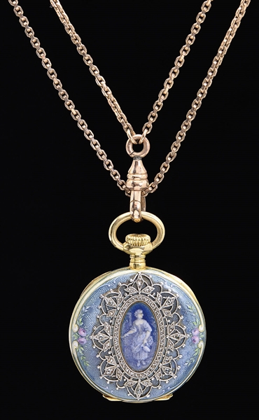 LADYS ANTIQUE PATEK PHILIPPE OPEN-FACED POCKET WATCH ON CHAIN.                                                                                                                                         