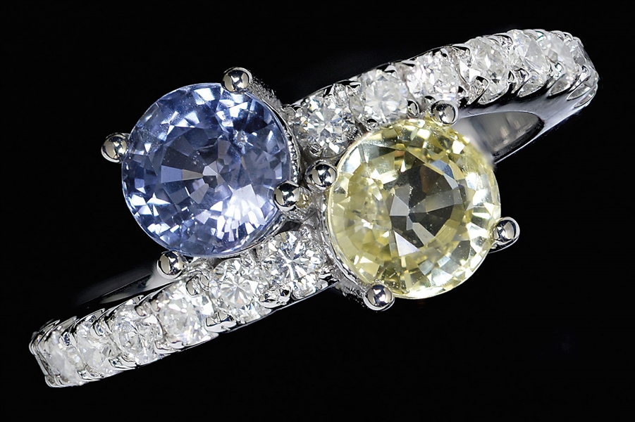 14KT WHITE GOLD, BLUE SAPPHIRE, YELLOW SAPPHIRE & DIAMOND BYPASS RING.                                                                                                                                  