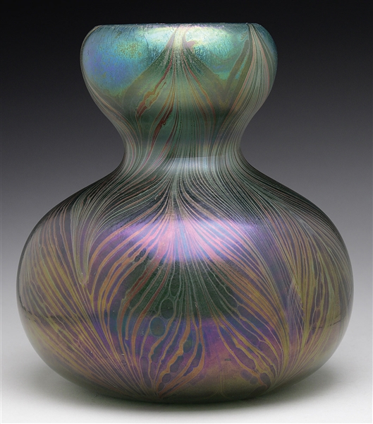TIFFANY FAVRILE GLASS PULLED FEATHER VASE.                                                                                                                                                              
