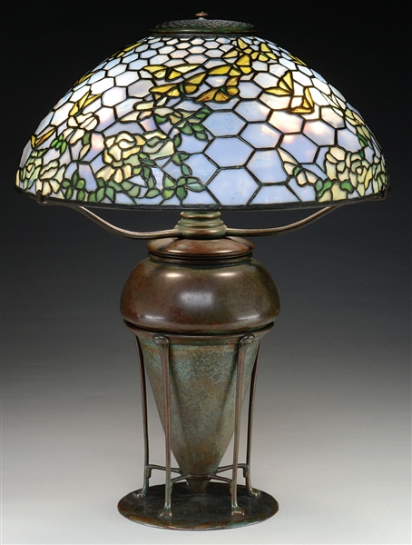 TIFFANY STUDIOS ROSE AND BUTTERFLY TABLE LAMP.                                                                                                                                                          